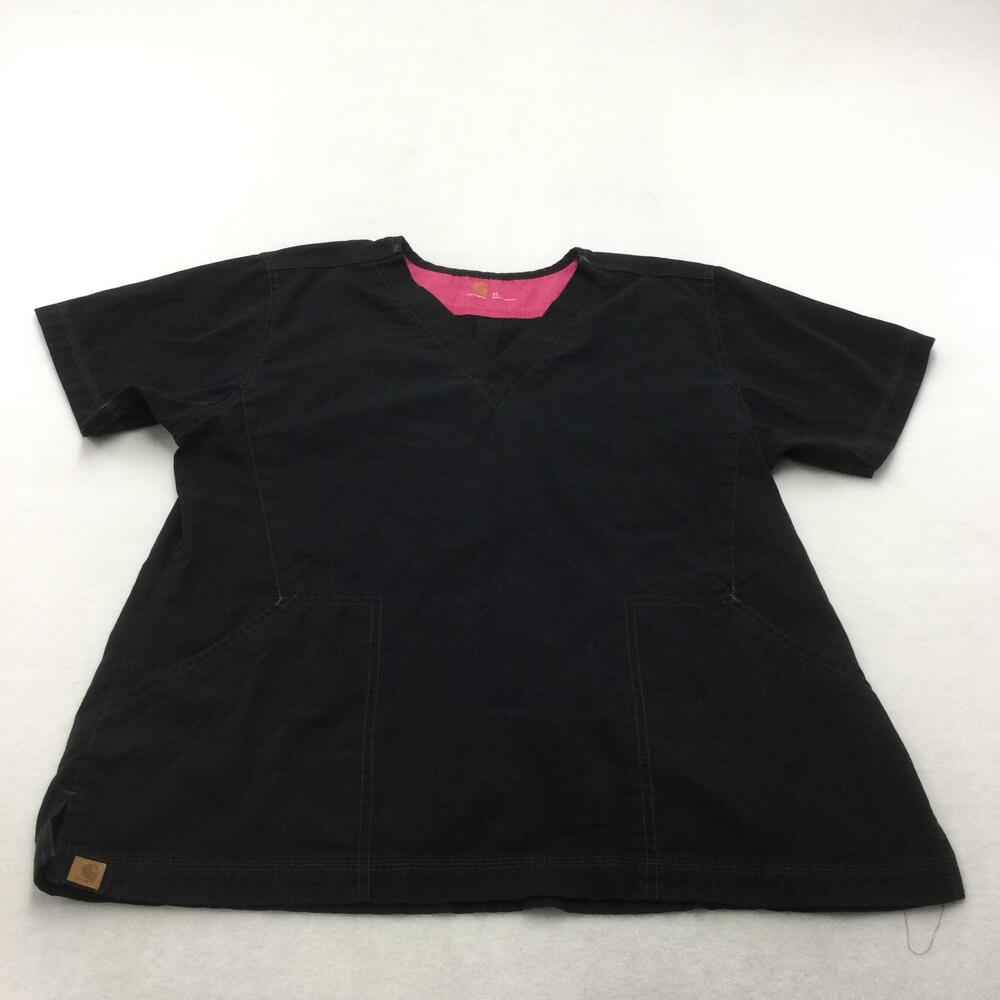 Carhartt Blouse Womens XL Black V Neck Short Sleeve Workwear Tunic Pockets Top